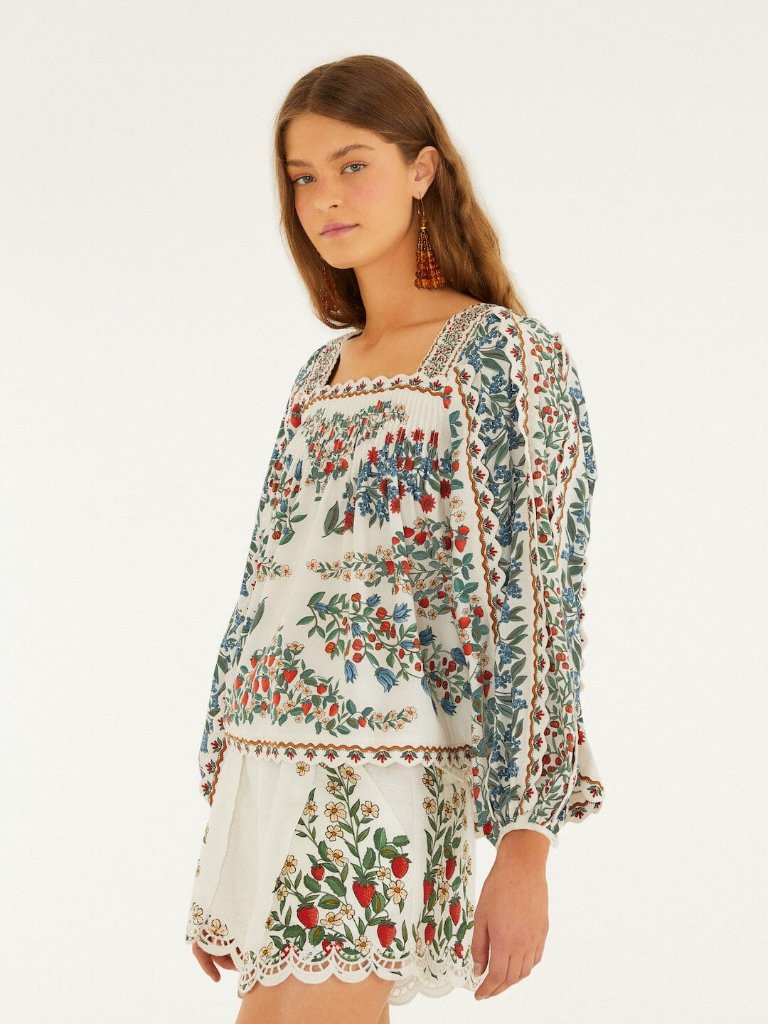 Nwt Farm Rio Off-White Fruit Beauty Scarf Long Sleeve Blouse Size Sm Brand New!